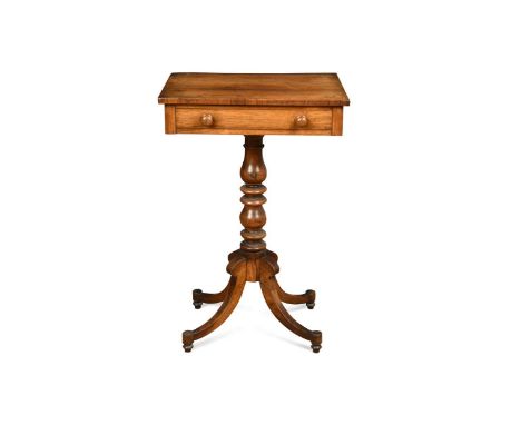 A Regency rosewood occasional table, the rectangular top with single frieze drawer over a turned column support and raised on