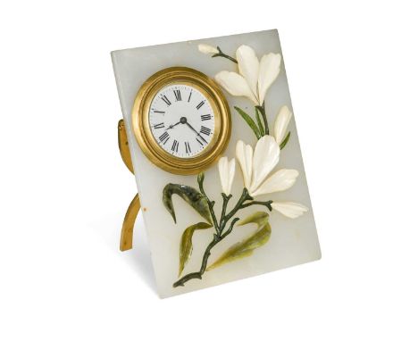 A marble and pietra dura boudoir clock, early 20th century, retailed by John D Harris Goldsmiths, Queen Square, Bath, with si