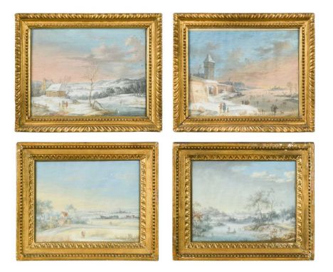 Figures skating on a frozen lake; Winter landscape with travellers; River landscape with a ferryman; Summer landscape with a 