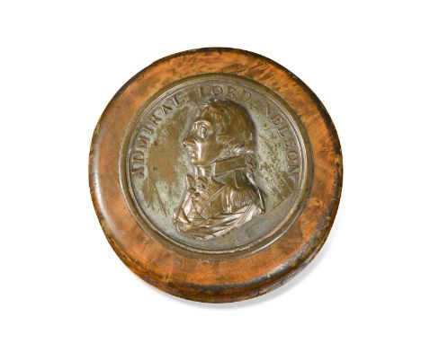 Admiral Lord Nelson commemorative snuff box, the burr walnut circular box with tortoiseshell liner, the cover inset with a si