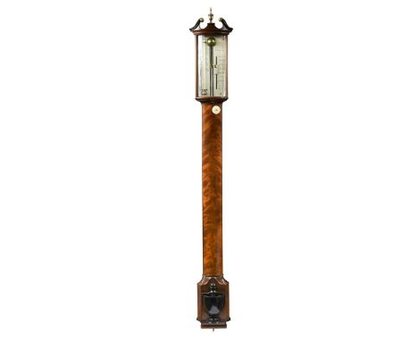 A bowfront mahogany stick barometer by 'Lione &amp; Somalvico, 14 Brook Street, Holborn', early 19th century, the swanneck pe