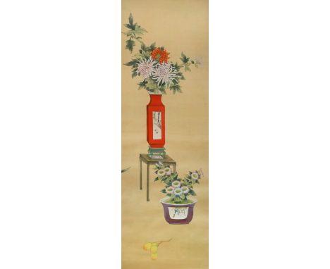 and a further Chinese hand-painted on silk wallpaper panel set, the pair of panels comprising two sets of six rolls painted w