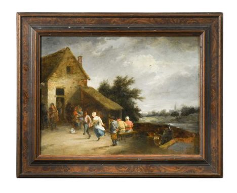 Villagers merrymaking outside a country innoil on panel24.5 x 33cmOil on panel formed from one board. There is a crack to the