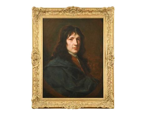 Portrait of a gentleman, head and shoulders, with shoulder length hair and a blue shawl, in a feigned ovaloil on canvas66 x 5