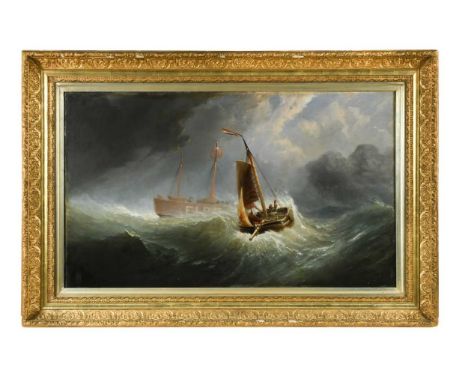 Fishing boat passing the Elbe lightship in a stormsigned with monogram (lower left) and dated 1870 (lower right)oil canvas74 