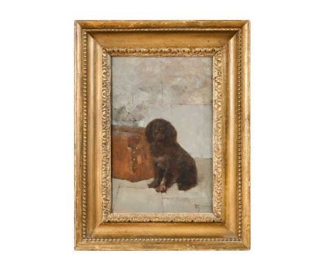 Waiting - A dog sitting by luggagesigned in monogram (lower right)oil on canvas29.5 x 19.5cmExhibited:London, Messum's, Briti