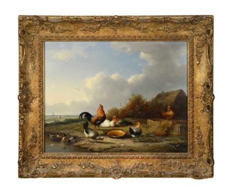 Rooster and hens feedingsigned and dated 'Jac.s Carabain ft. 1860' (lower right)oil on panel29 x 37cm42 x 50cm (framed)The pa