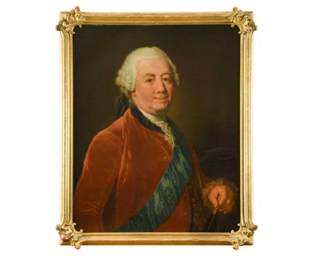 Portrait of a gentleman, half-length, in a red coat with a blue sash, holding a batonsigned and dated 'AD Therbusch / de Lisi