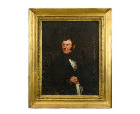 Portrait of Joseph Brotherton MP (1783-1857) three-quarter length, in black, holding a documentinscribed with the names of th