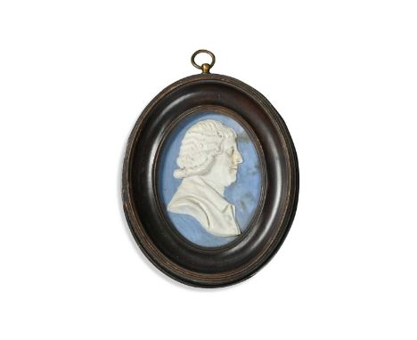 A Wedgwood blue jasperware oval portrait plaque, depicting the Marquis of Stafford, titled in ink to the reverse 13.5 x 10.8c