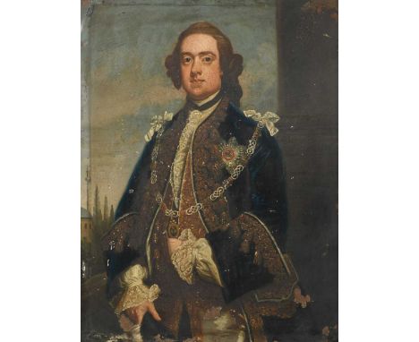Portrait of a gentleman, three-quarter length, in a blue, richly embroidered coat, wearing the insignia of the Order of the B