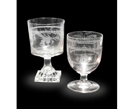 A Sunderland Bridge glass rummer, the body engraved with a view of the bridge, the opopsing side with initials, on a lemon sq
