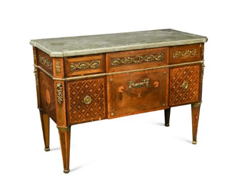 A Swedish Neo-classical style marquetry commode, 19th century, the moulded grey marble top over two drawers decorated with gi