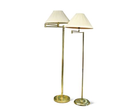 A matched pair of brass reading lamps, each with cream pleated shade mounted on a swivelling arm155cm high and 147cm highBoth