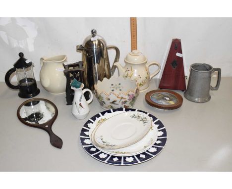 Mixed Lot: Various tea wares, decorated plates, Pratt ware pot lid, metronome etc