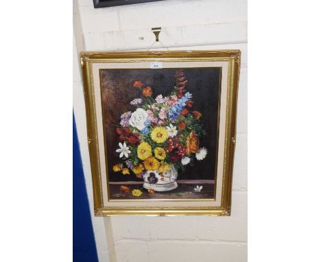 Modern oil on canvas still life study of a vase of flowers