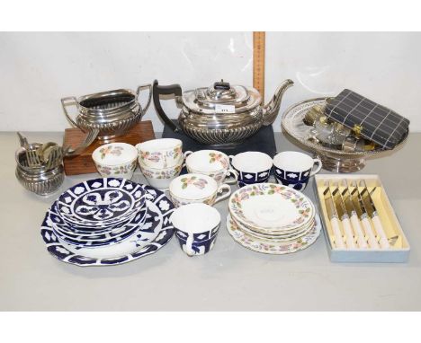Mixed Lot: Various cased cutlery, silver plated wares, silver plated tea set, napkin rings, Aynsley April Rose tea wares and 