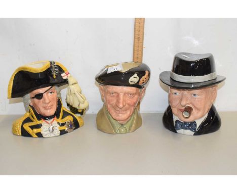 Two Royal Doulton character jugs viz Vice Admiral Lord Nelson and Monty together with a Bairstow Manor Winston Churchill Yalt