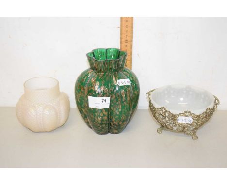 Mixed Lot: An opalescent glass vase with ribbed decoration together with a further green and gilt finish vase and a further s