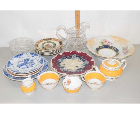 Mixed Lot: Various decorated plates, tea wares, cut glass jug etc