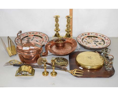 Mixed Lot: Victorian warming plates, small brass dinner gong with wall mount, copper kettle, copper plates, brass candlestick