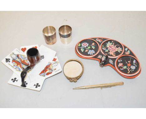 Mixed Lot: A Mabie Todd gold plated propelling pencil together with novelty pipe stand, small picture frame, shot measures an