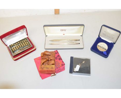 Mixed Lot: Cross cased pen set, small abacus, Jubilee Sailing Trust medallion, small soapstone seal and other items
