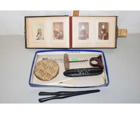 Mixed Lot: Victorian photograph album, part filled mainly with portraits, vintage spectacles case, corkscrew and other items