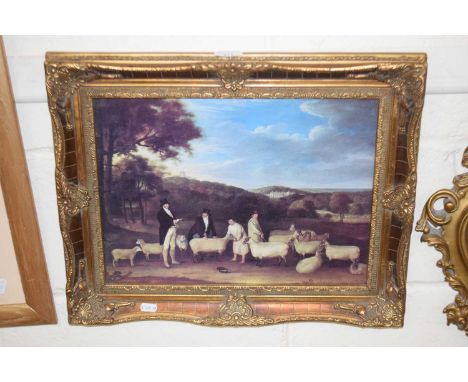 Reproduction oleograph portrait of Thomas William Cook inspecting sheep, gilt framed