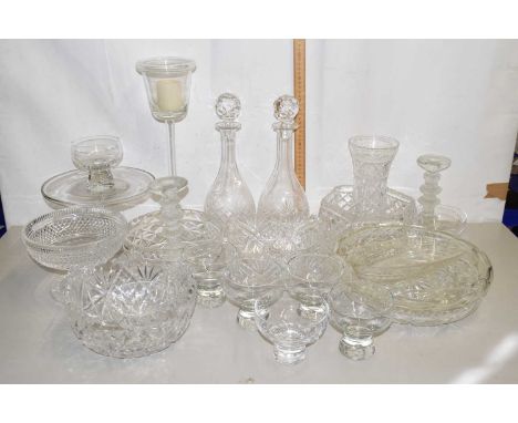 A collection of various cut glass bowls, glass tazza, candlesticks etc