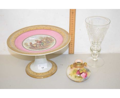 A Pratt ware tazza together with a small blush Worcester vase and a further glass goblet decorated with vines