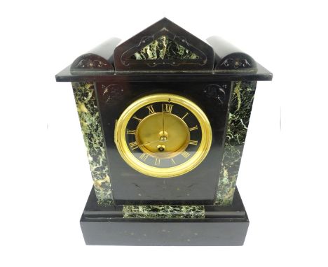 Early 20th C French black and green marble mantel timepiece, drum movement, black chapter ring with Roman numerals, spade han