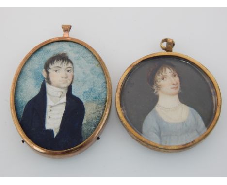 Early 19th century portrait miniature of a young woman, wearing a light blue dress, 4.5cm tondo, and another oval work of a g