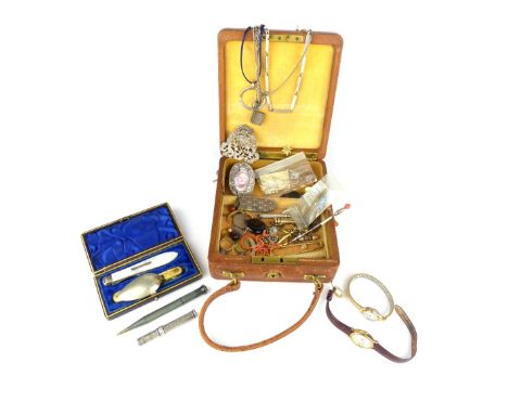 Ladies pigskin case containing a quantity of assorted jewellery and sundries to include a 9ct mounted hardstone seal pendant 