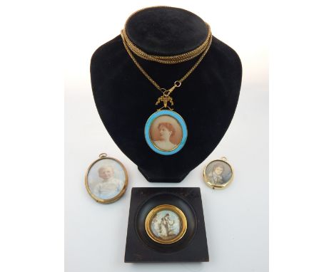 Early 20th century portrait miniature of a young boy, 7cm h, with two further miniatures and a turquoise oval framed photogra