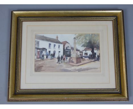 R Richardson, Village Square, watercolour, signed mid left, 23 x 41cm, and a lithograph of Teddy bears, (2)