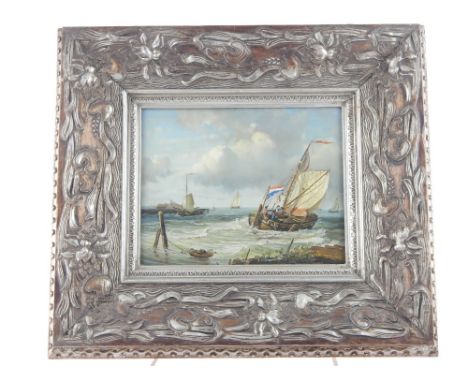After Hermanus Kreekkoek, seascape of sailboats around harbour mouth, flying a Dutch flag, oil on paper, 18.5 x 23cm.