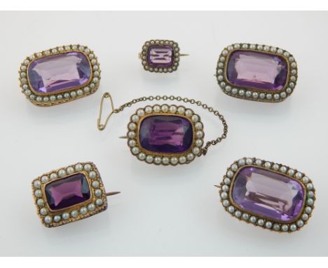 Amethyst and seed pearl brooch, of rectangular form, 3cm, with five other similar smaller examples and a pair of ear-clips, (