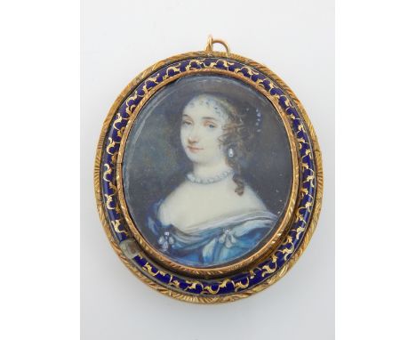 Late 19th century miniature portrait, depicting a woman in 17th century costume, 4cm h