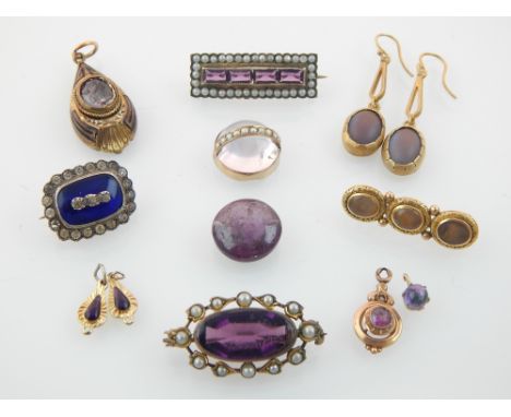 Victorian rectangular amethyst and seed pearl brooch,with three other brooches and sundry drops, (qty)