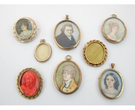 19th century portrait miniature of an elderly gentleman, 6cm h, with four other miniatures, a cameo and two vacant frames, (8