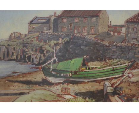 R W Thornton, pastel, Fishermen's cottages and a fishing boat in the foreground