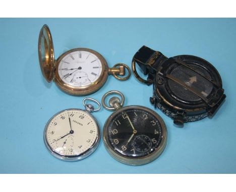 A military issue compass and pocket watch and two other pocket watches