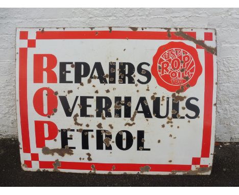 An ROP 'Repairs Overhauls Petrol' rectangular enamel sign, 48 x 36". 
