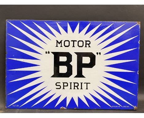 A good BP Motor Spirit Irish flash double sided enamel sign with hanging flange by Franco, excellent condition, 24 x 16". 