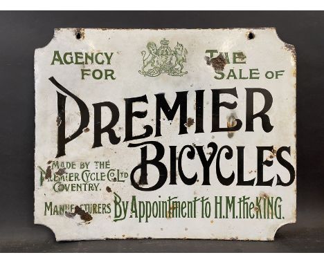 An early Premier Bicycles double sided hanging enamel sign, restored, 22 x 18".