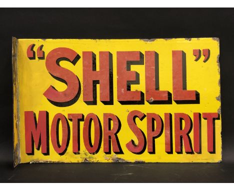 A Shell Motor Spirit double sided rectangular enamel sign with reattached hanging flange, by Bruton of Edmonton, some restora