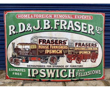 An early pictorial enamel sign advertising 'Home and Foreign Removal Experts' R.D. &amp; J.B. Fraser Ltd of Ipswich, with a s