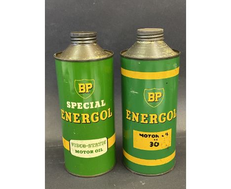 Two different version BP Energol cylindrical quart cans, both in good condition. 