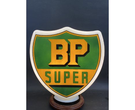 A BP Super shield-shaped glass petrol pump globe by Webb's Crystal, fully stamped underneath 'Property of Scottish Oils  &amp